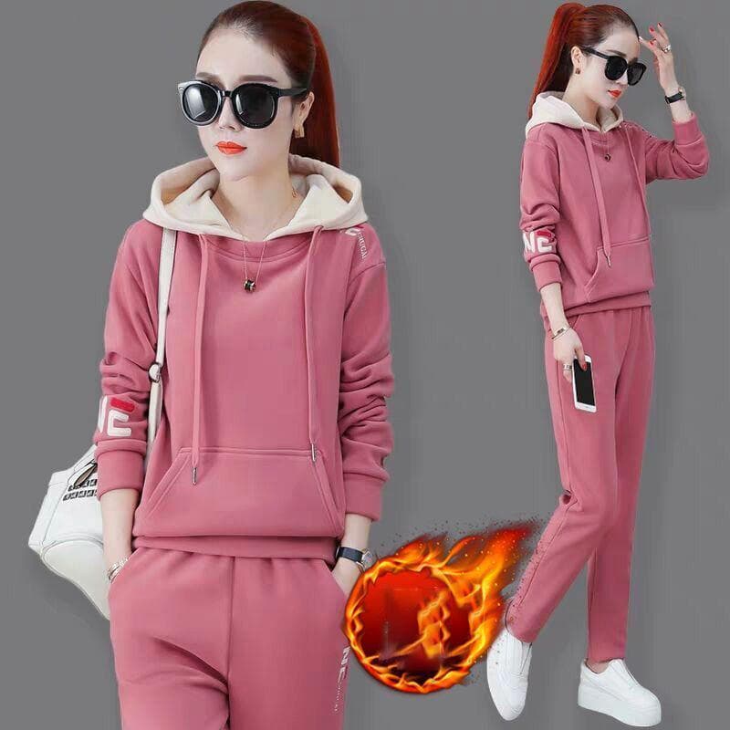Plus Velvet Thickened Leisure Sports Suit Women Loose Hooded Hoodie Two-piece Fabric Breathable Warmth and Comfort M