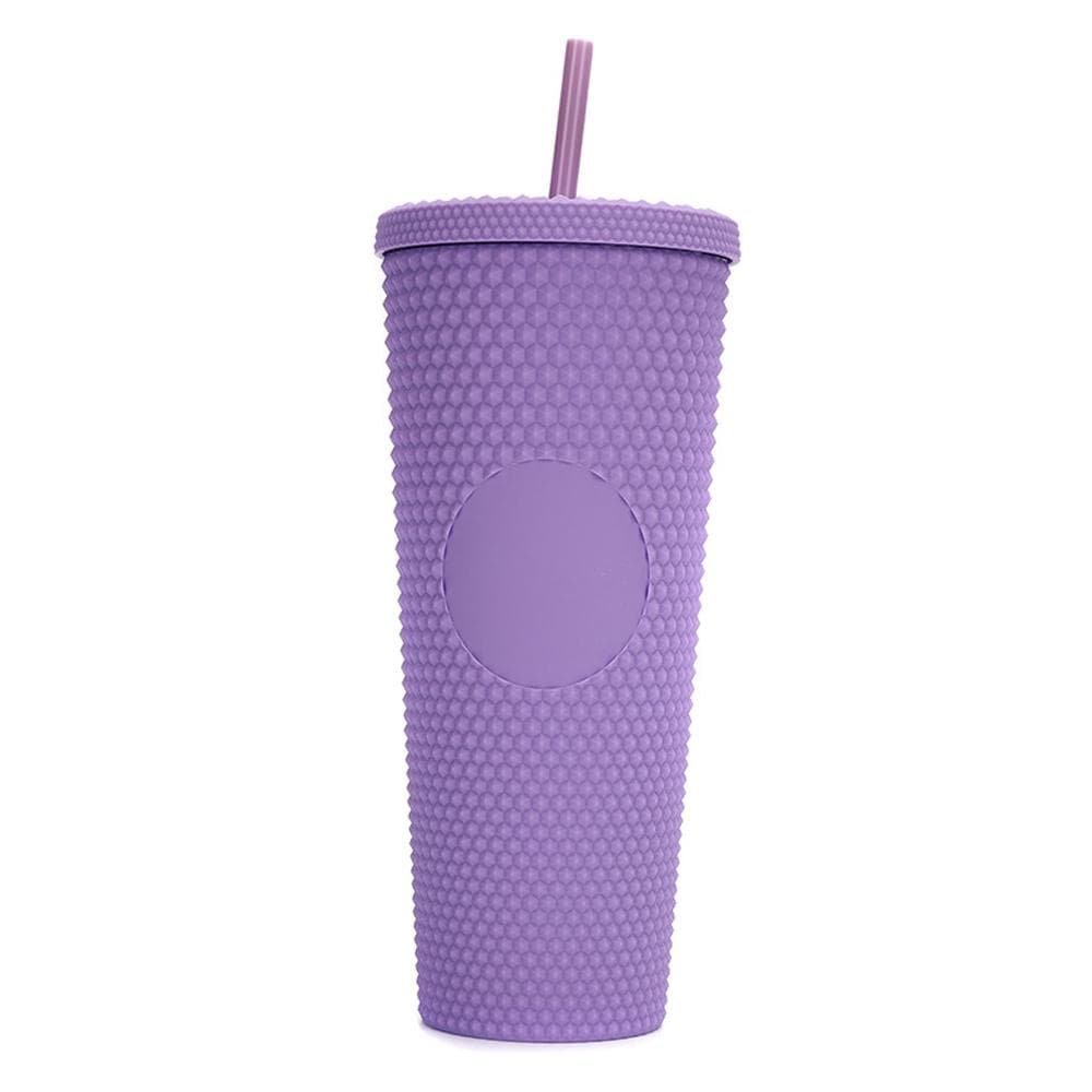 710ML/24OZ Large Capacity Water Cup Fully Studded Matte Tumbler Reusable Plastic Cup with Wide Opening Leak-Proof Lid Straw dark purple