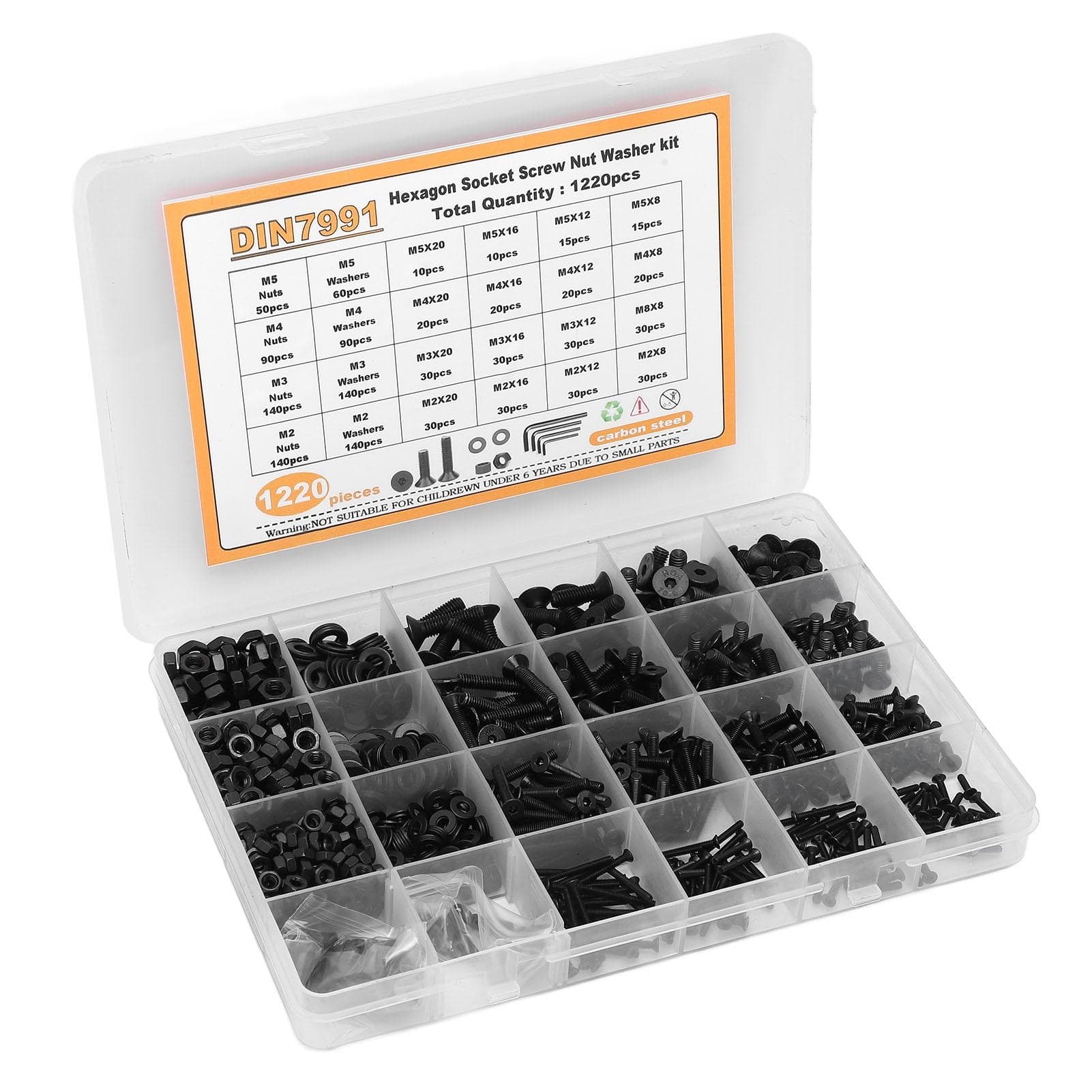 1220Pcs Screw Nut Washer Assortment M2 M3 M4 M5 Flat Head Hex Socket Carbon Steel Fastener