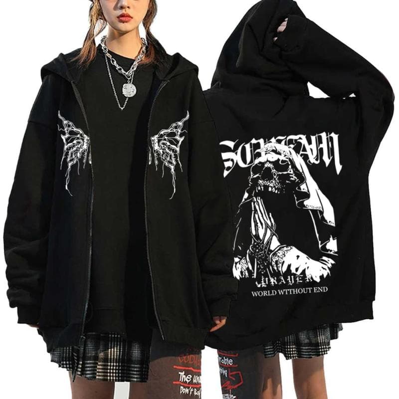 Gothic Style Heart Print Hoodies Women Fleece Zipper Hoodie Harajuku Streetwear Sweatshirts Loose Casual Y2K Zip Up Jacket M