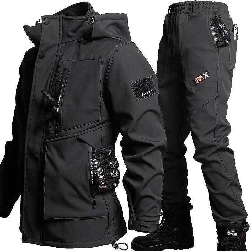 Men's Autumn and Winter Plus Velvet Suit, Anti-wear, Waterproof and Cold-resistant Jacket Suit XXXL black
