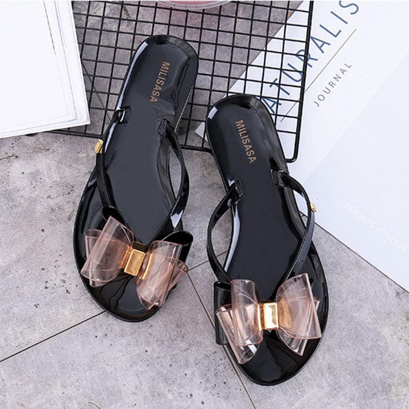 2024 Summer Women's Flip Flops Indoor Outdoor Slippers with Bow Casual Flat Bottom Slippers PVC Jelly Women's Beach Slides Shoes 39 black