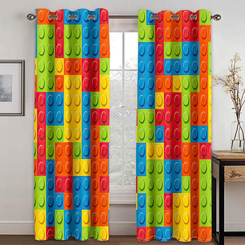 Kids Like Cartoon Game Handle Color Square Curtain 2 Panel Boys Room Bedroom Living Room Window Decoration Curtains 100W130H(CM)40x51in&Hook