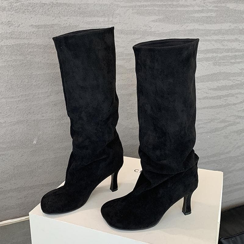 Liyke Fashion Square Toe Motorcycle Knee High Boots Women Autumn Winter Low Thin Heels Shoe Female Long Booties Zapatos De Mujer 35 black