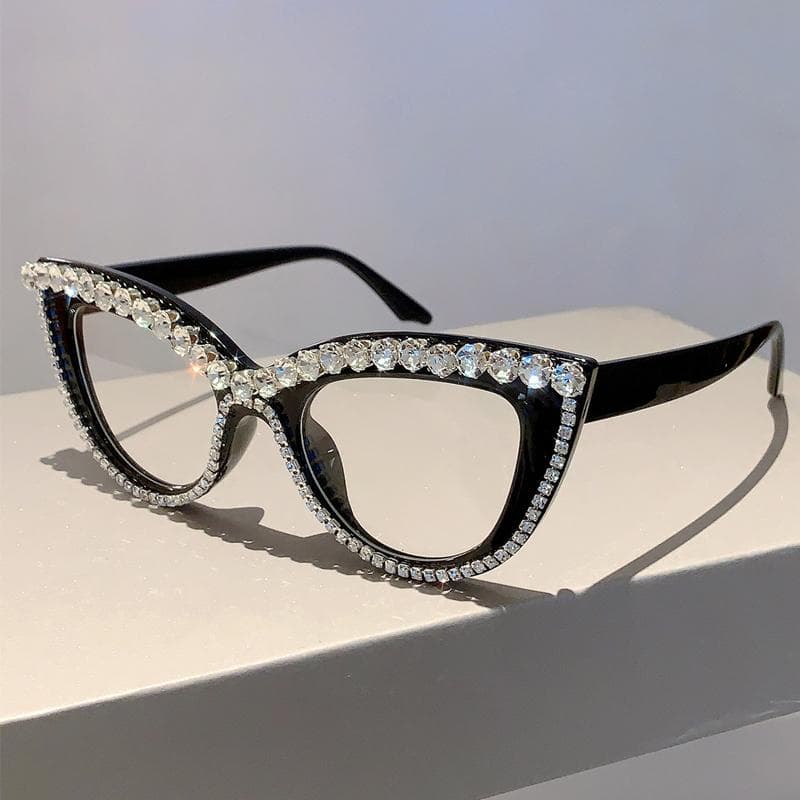 KAMMPT Retro Cat Eye Glasses With Rhinestones Stylish Trendy Luxury Brand Designer Oversized Spectacles for Women