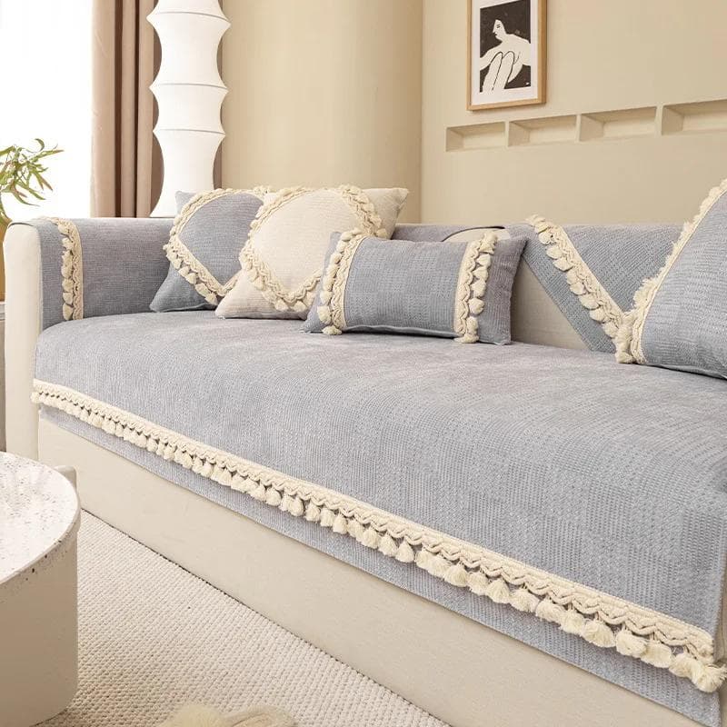 White Knitting Tassels Sofa Cover for Living Room Solid Color Sofa Cushion L Shaped Sofa Towel Couch Armrest Backrest Non-Slip 70x70cm 1pcs