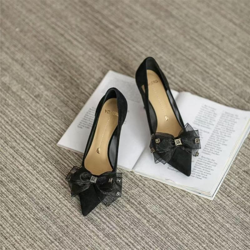Knot Mesh Yarn Slender Heel High Heels Women's Shoes Spring & Summer New Pointed Tip Shallow Mouth Single Shoe Female 39 black