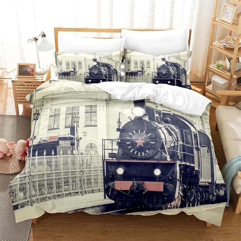 3D Train Steam Engine Bedding Set,Duvet Cover Comforter Bed Set Quilt Cover Pillowcase,King Queen Twin Size Boys Girls Adults 140x200cm 2pcs