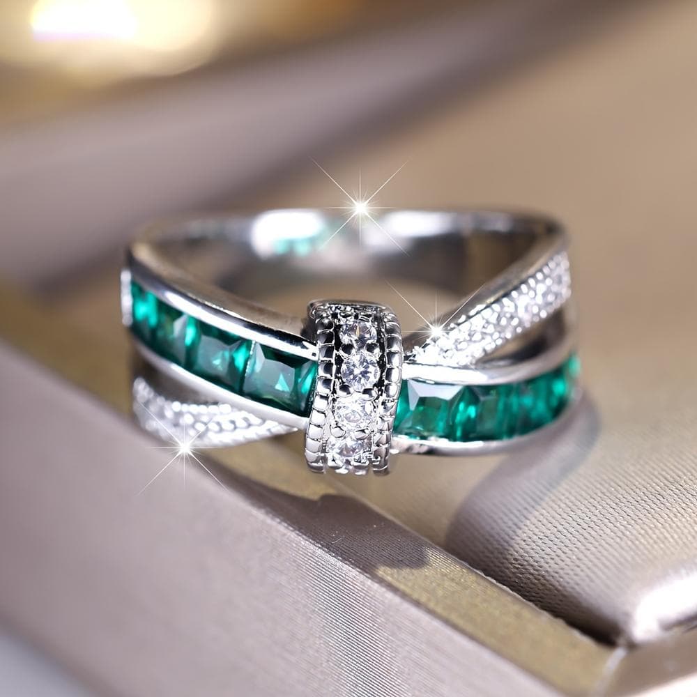 Fashion Silver Color Bowknot Ring Zircon Ring for Women Birthday Wedding Engagement Jewelry Gift 7 green/silver