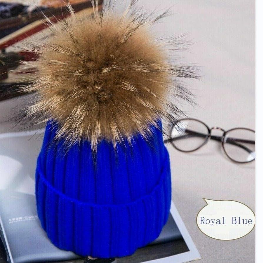 2023Hot Women Winter Racoon Fur Pom Pom 15cm Ball Knit Beanie Ski Cap Bobble Hat royal blue