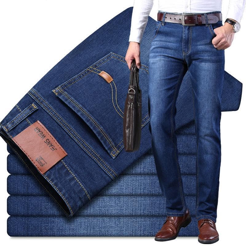 Men's High Waist Stretch Denim One-Piece: Comfortable, Loose-Fit, Straight-Leg Business Pants for Middle-Aged Men 38 blue