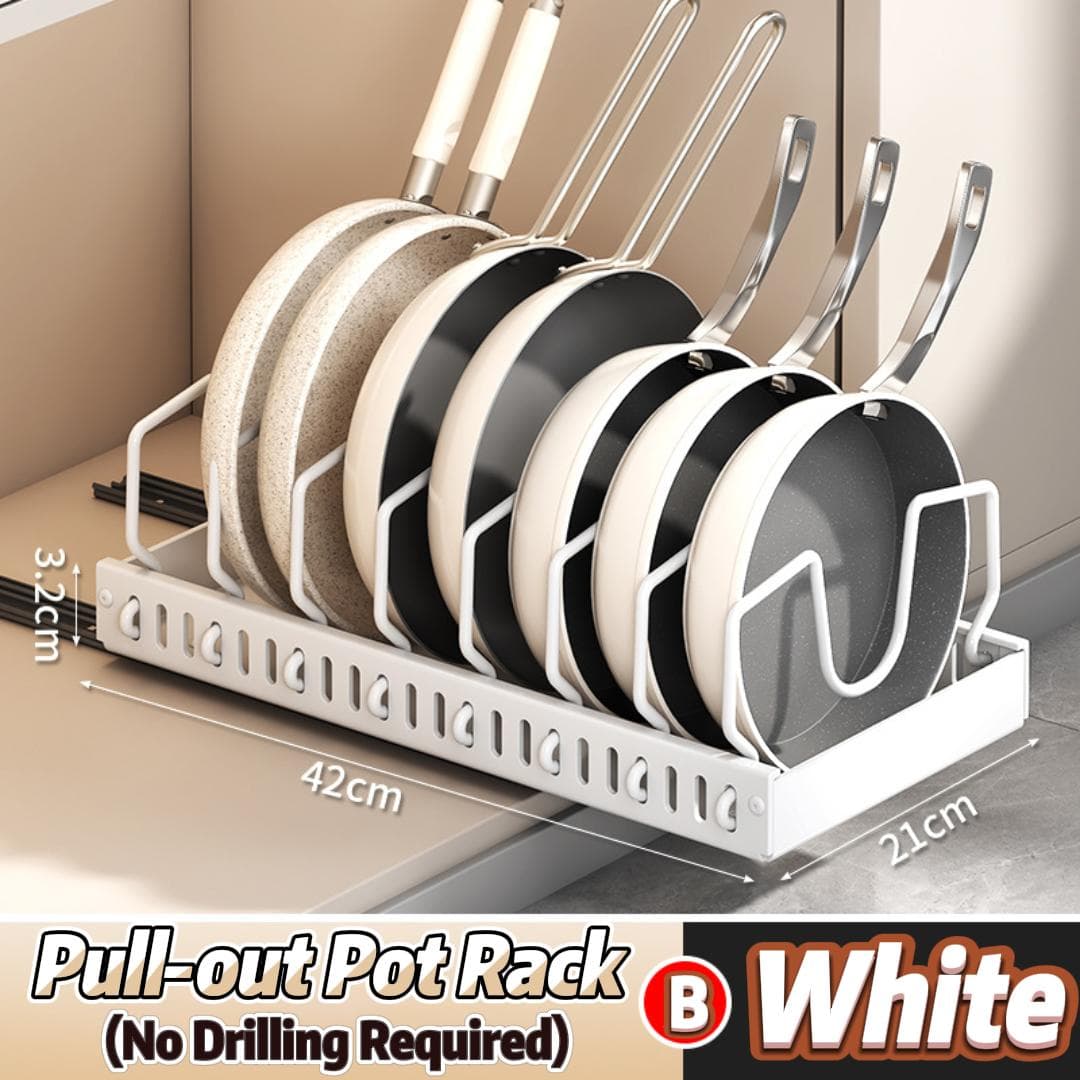 Pots and Pans Organizer Under Cabinet Sliding Pot Lid Holder and Pan Rack Kitchen Pull Out Dishes Storage 42x21x3.2cm white