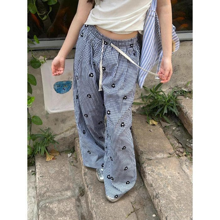 Embroidered Flower Plaid Wide-leg Pants Casual Pants for Women In Summer Thin Style Slimming Vacation Drawstring Trousers Versatile XL