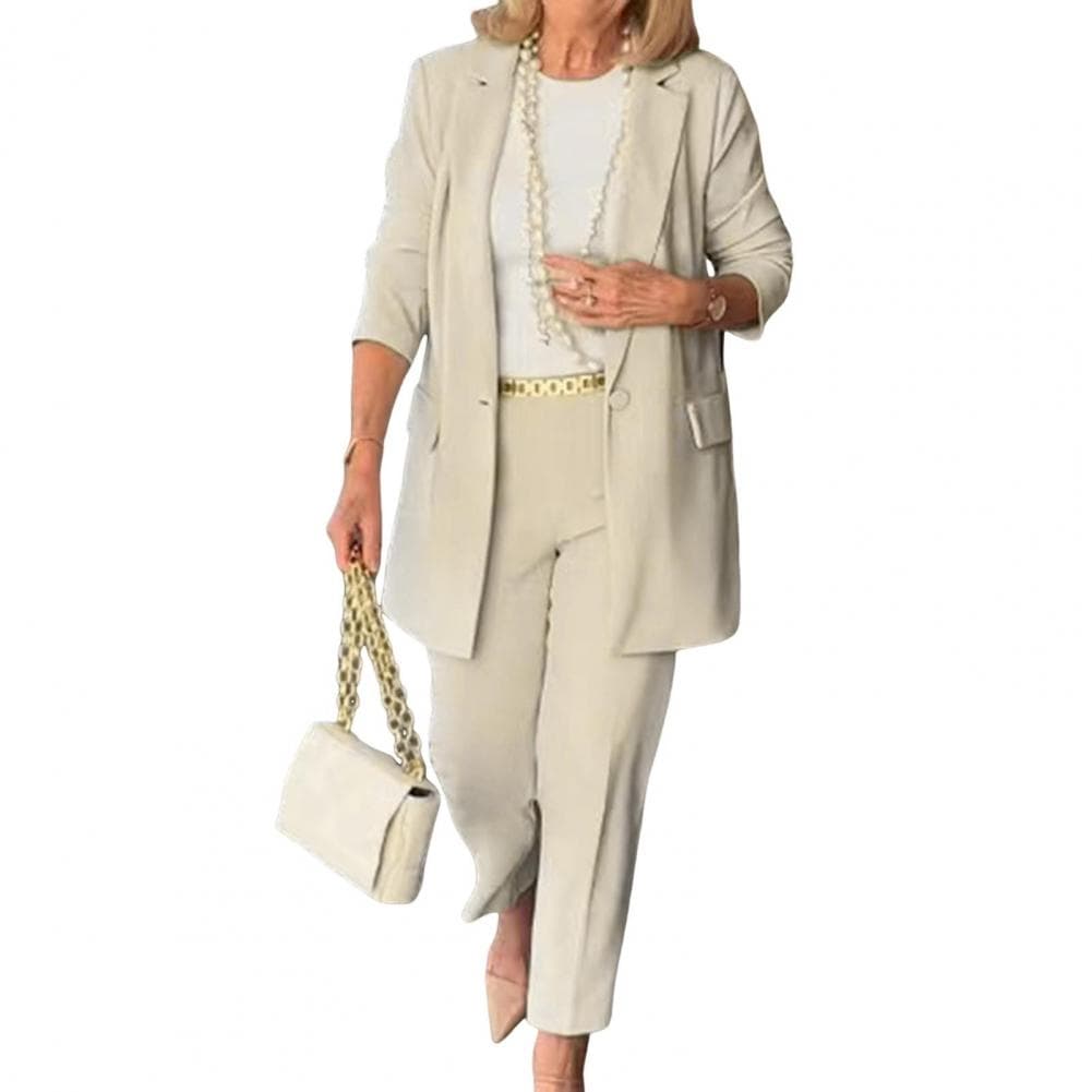 Casual Commute Suit Elegant Women's Business Suit Set with Single Button Lapel Coat High Waist Straight Trousers Long for Ol M beige