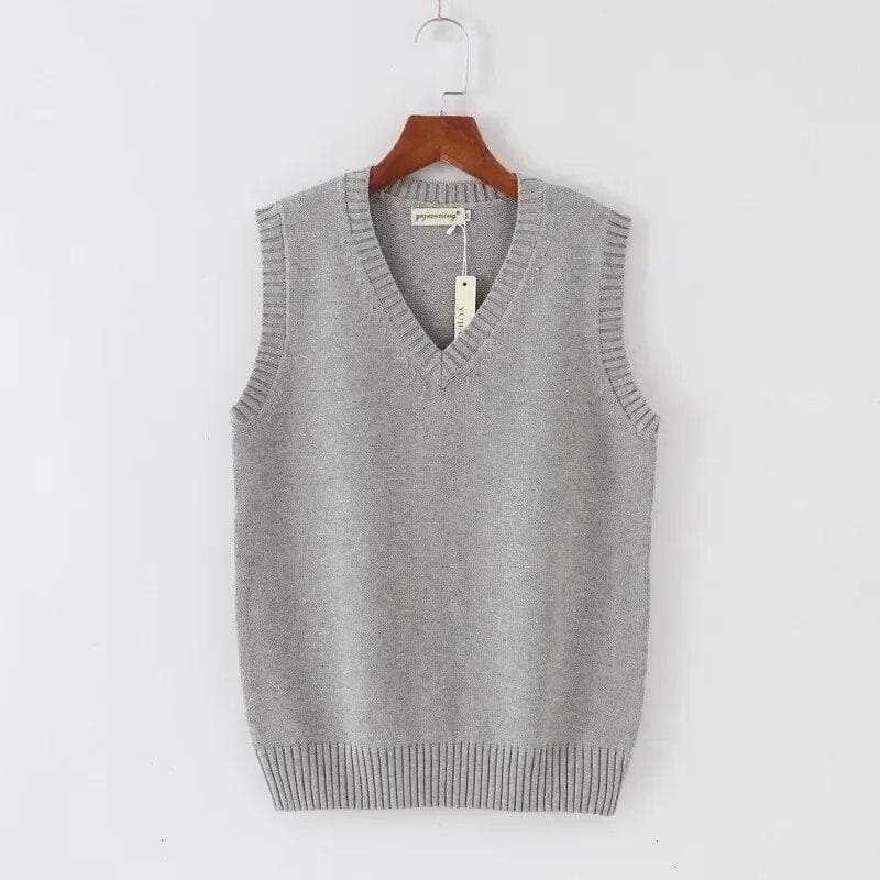Solid Knitted Sweater Vest Women Fashion V-neck Office Lady Knitwears Autumn And Winter Sleeveless Women Vests Sweaters 29875 XL light grey