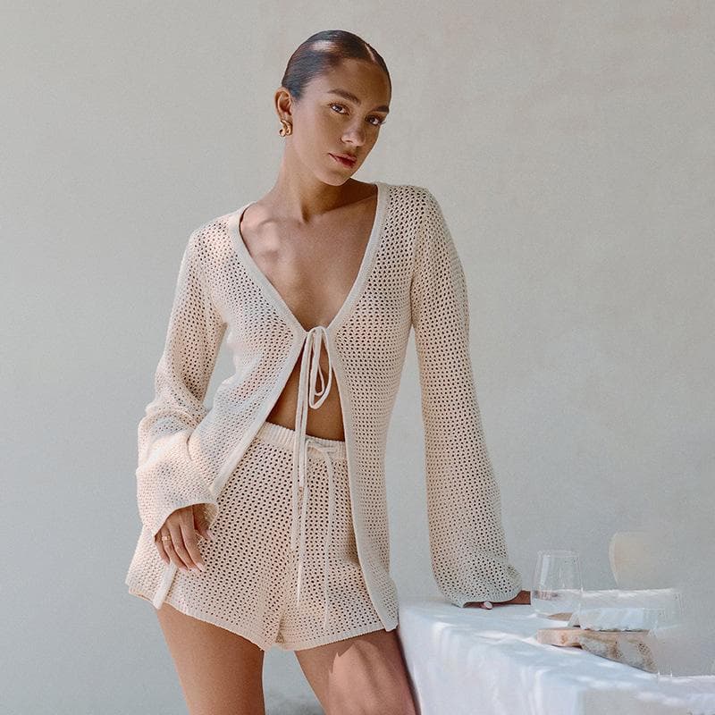 Autumn New Beach Women Solid Color Sexy Knitted Beach Bikini Swimsuit Women's Dress L