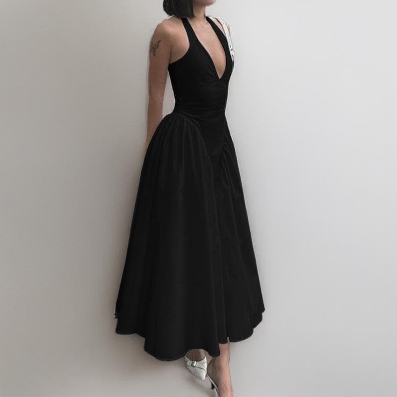 Spring Solid Color Sexy Deep V Hollow Neck Temperament Big Hem Skirt Dress for Women M black