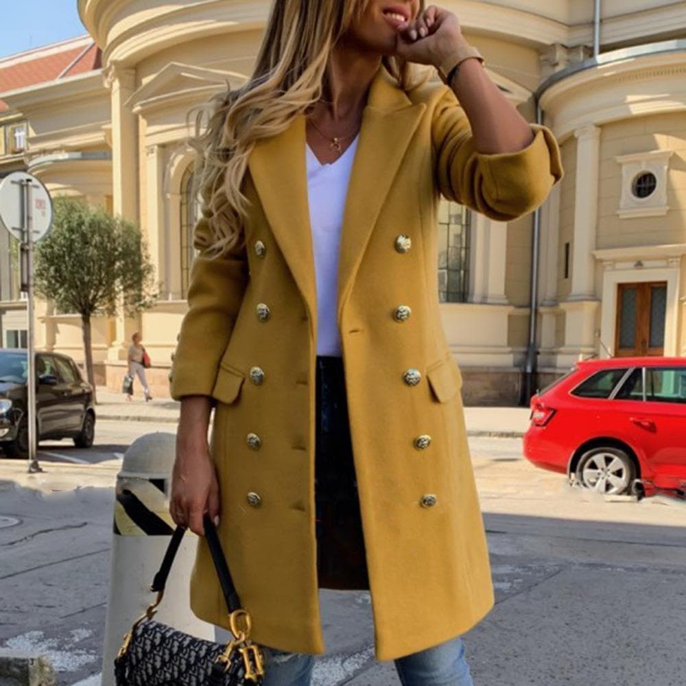 Autumn and Winter Woolen Women's Coat Mid-length Double-breasted Coat 2XL yellow