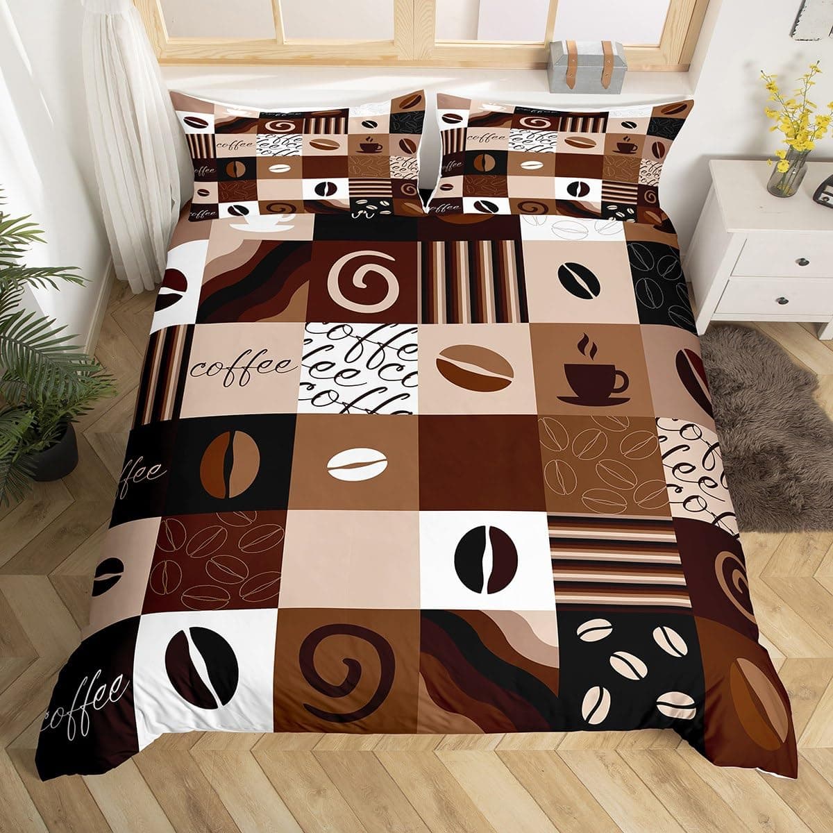 Coffee Duvet Cover Queen King Cartoon Coffee Drink Cup Print Bedding Set Coffee Lover Comforter Cover Modern Brown Quilt Cover 140x200cm 3pcs
