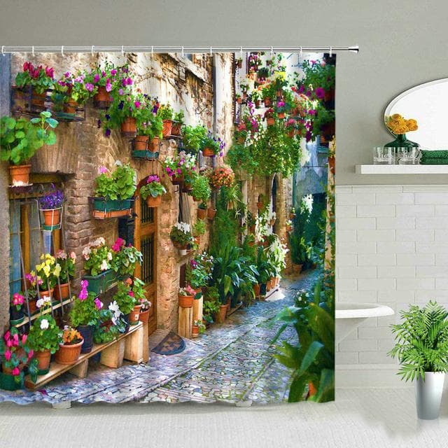 Home Wall Decor Shower Curtain 3D European Building Garden Flowers Patio Landscape Waterproof Polyester Bedroom Bathroom Curtain 150*180cm