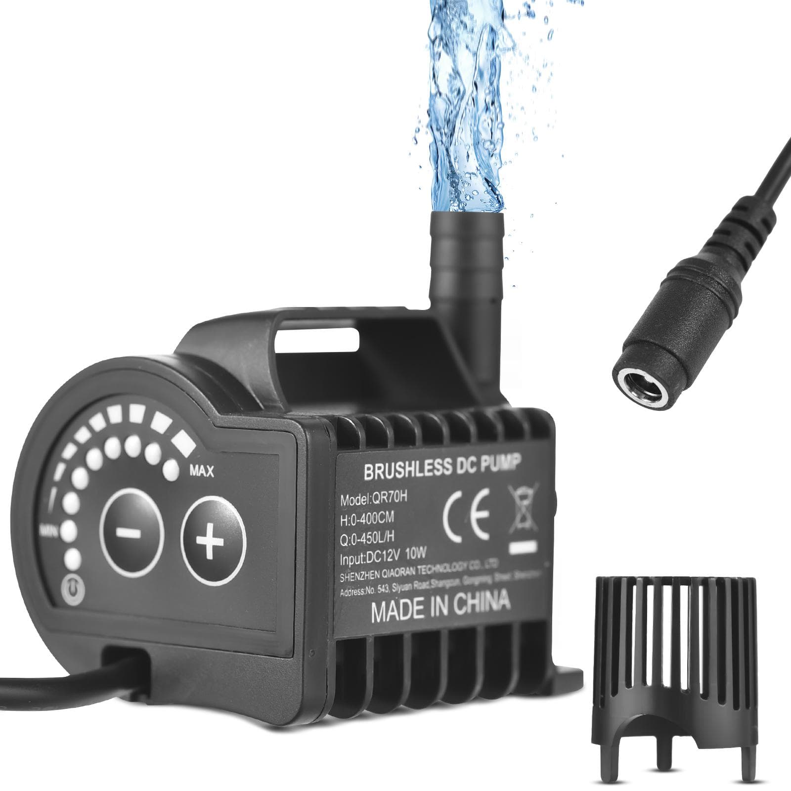 Submersible 12V Water Pump 8 Levels Adjustable 0-700L/H Small Fountain Pump with 0-9.8ft Lift, QR70H black