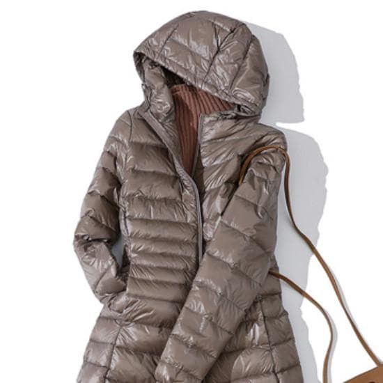 Padded Hooded Long Jacket Duck Down Female Ultra Light Slim Solid Jackets Coat Portable Parka S dark gray