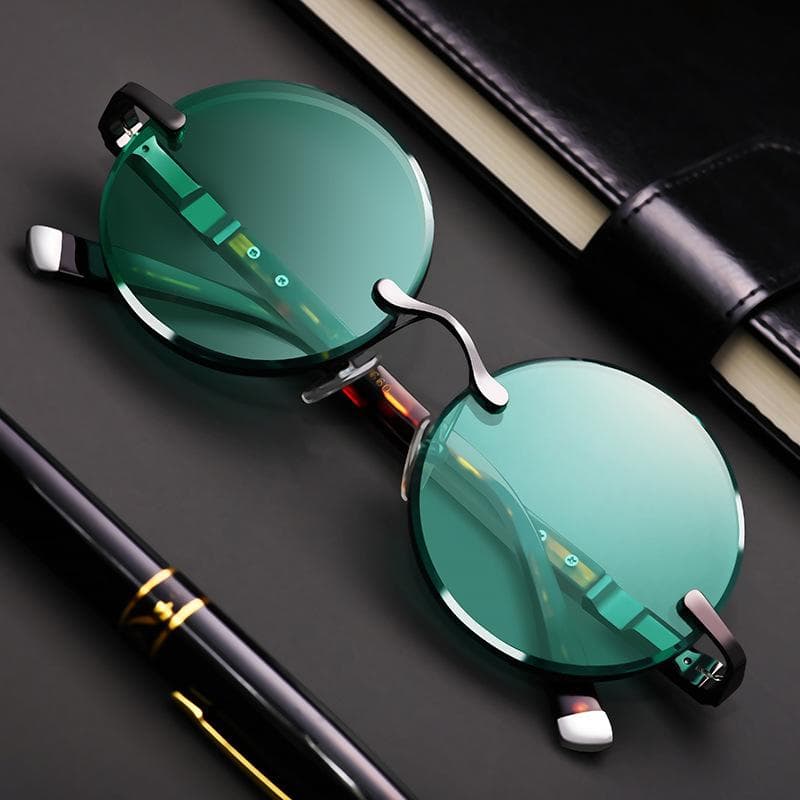 Fashion Classic Rimless Sunglasses for Women Men with Crystal Dark Green Lens Retro Round Glasses Outdoor Driving Eyewear
