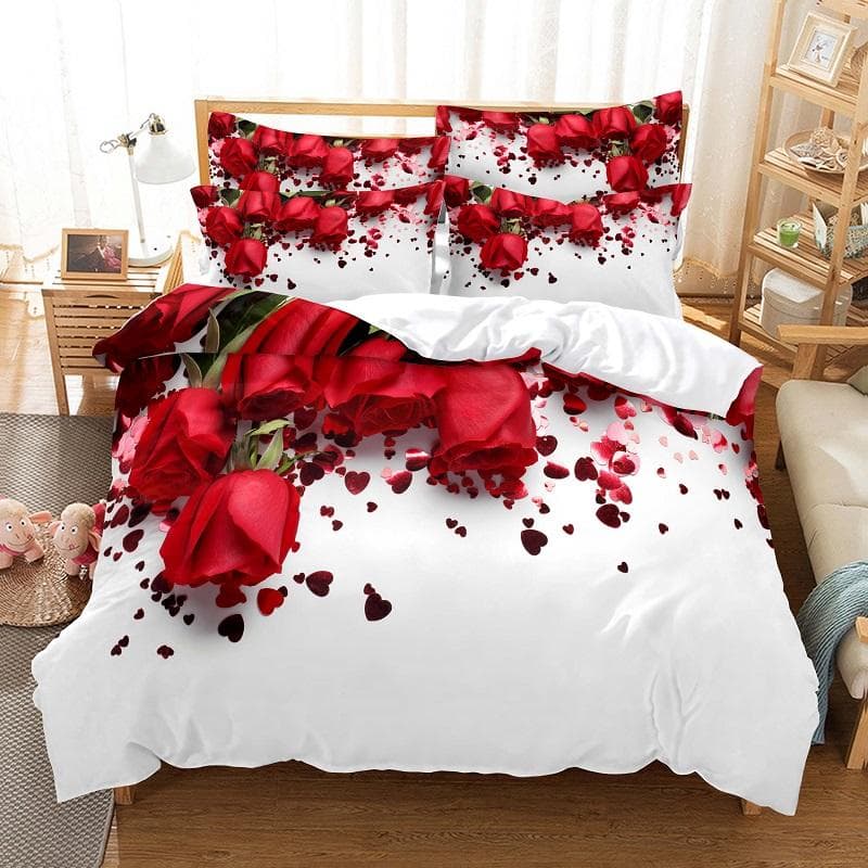 Red rose bed linen set duvet cover 3D bed linen digital printing bed bed linen queen size bed linen set fashion design AU King(245x210cm)