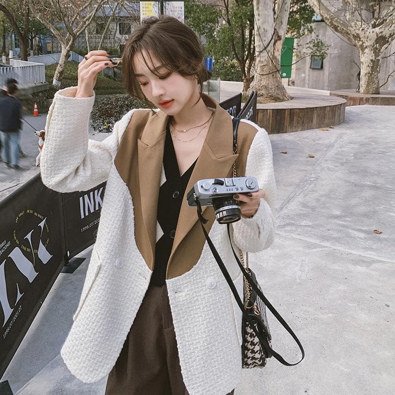 Xiaoxiangfeng Contrast Color Suit Jacket for Women Spring and Autumn Korean Style New Design Niche Suit XL white