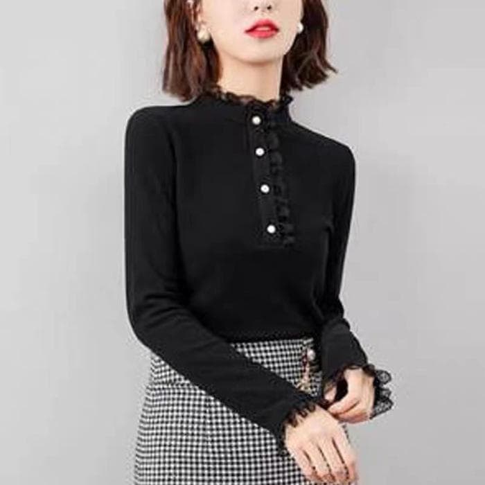 Threaded Double-sided Fleece Autumn and Winter Base Shirt for Women New Standing Collar Lace Thickened Long-sleeved Inner Top 5XL black