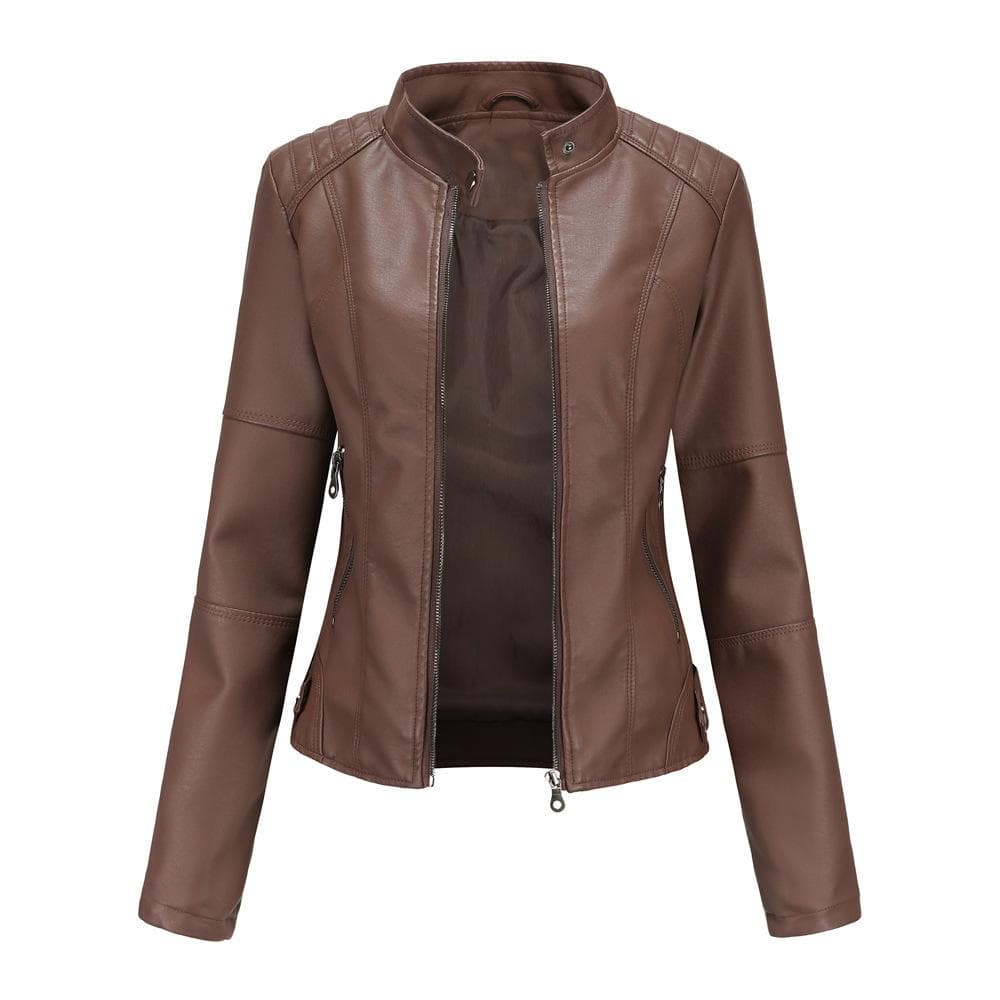 Women's Leather Jacket Women's Slim Jacket Thin Spring and Autumn Jacket Women's Motorcycle Jacket Large Size Stand Collar Leather Jacket M
