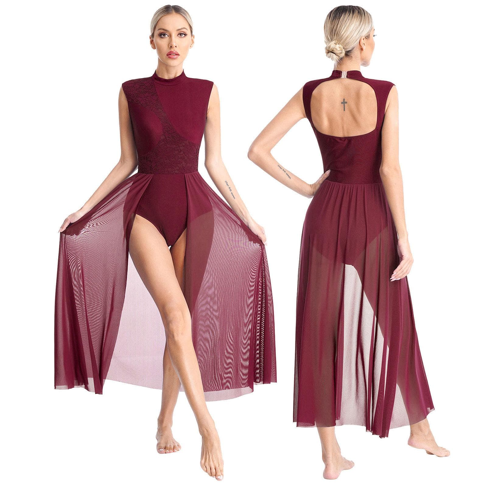 Womens Contemporary Lyrical Dance Dress Ballet Gymnastics Leotard Sleeveless Chiffon Flowy Dress Stage Performance Dancewear M burgundy