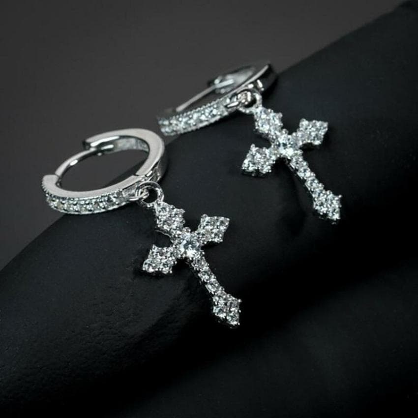 1 Pair Fashion Small Cross Earrings Crystal Gold Cross Hoop Earrings for Women Men Gift Hip Hop Rock Jewelry silver