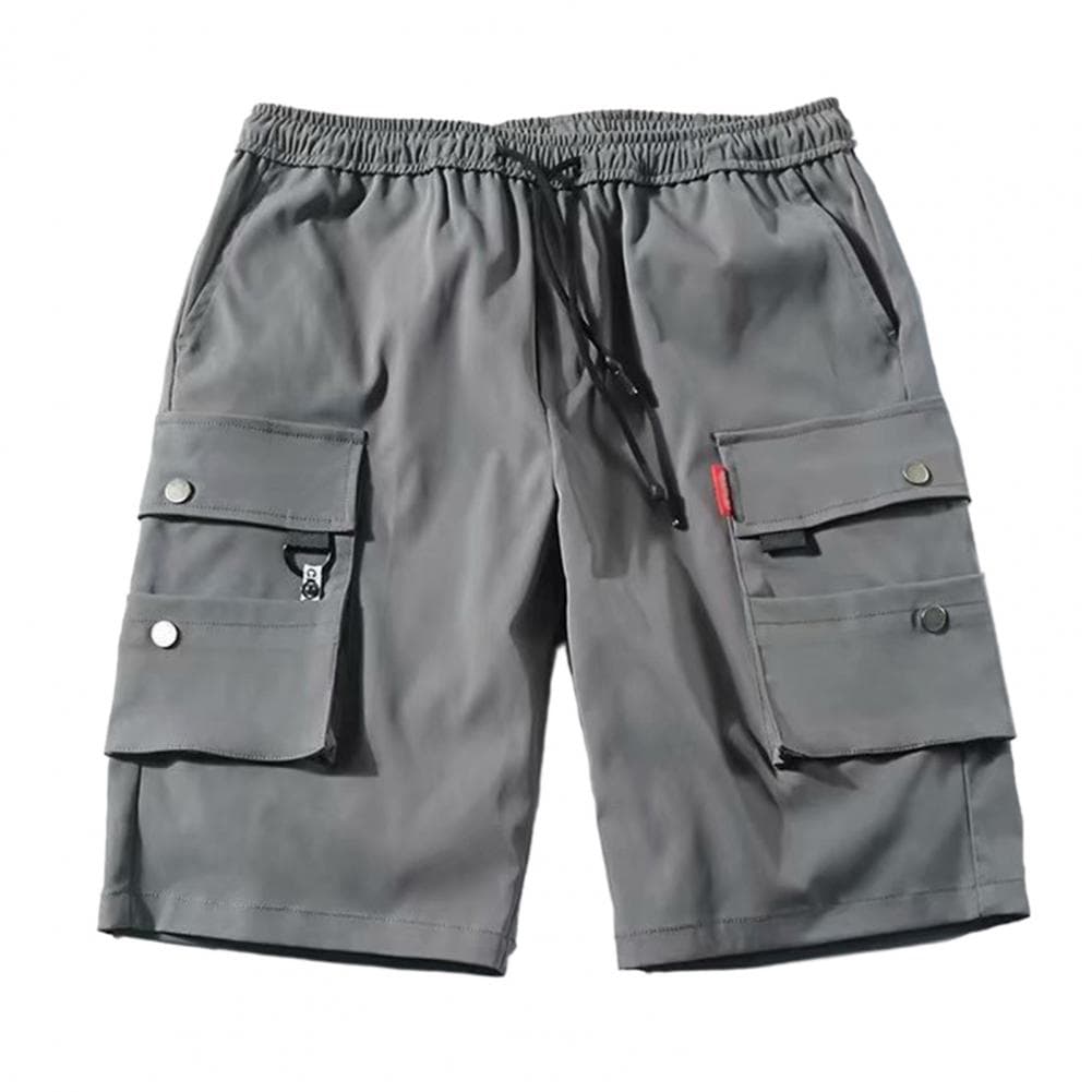 Summer Men Elastic Waistband Drawstring Shorts Multi Pockets Solid Color Straight Wide Leg Mid-rise Sport Cargo Shorts Streetwea M grey