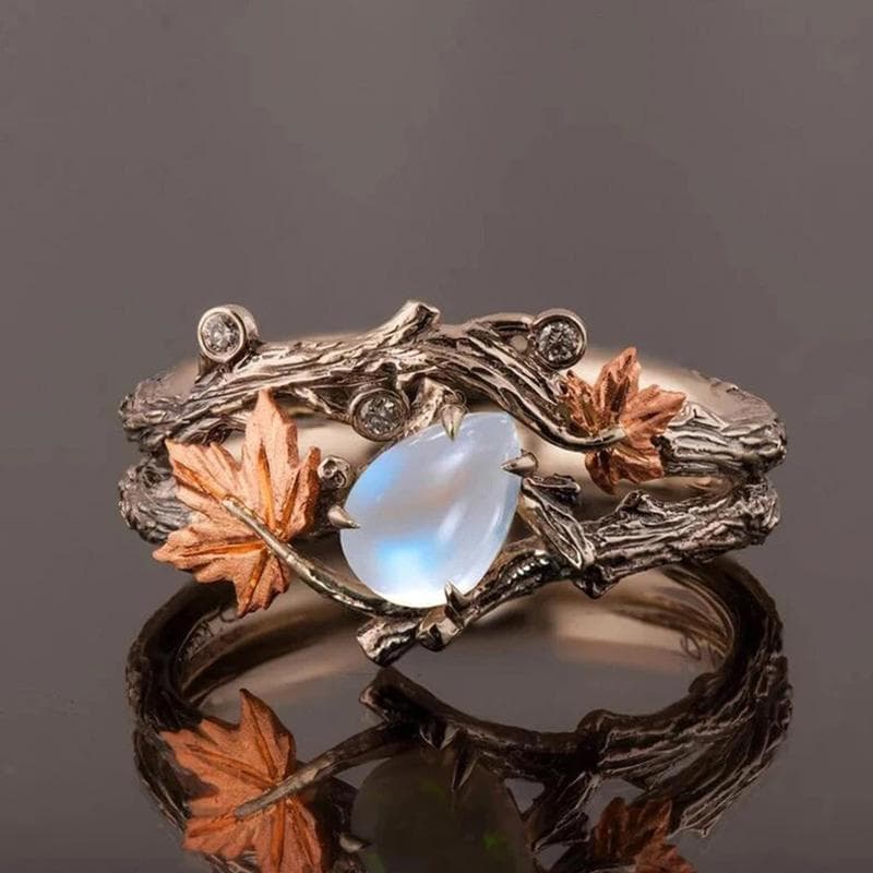 Vintage Antique Gold Twig Maple Leaf Moonstone Ring For Women Girls Light Luxury Ring Jewelry Accessories Anniversary Gifts 1pc