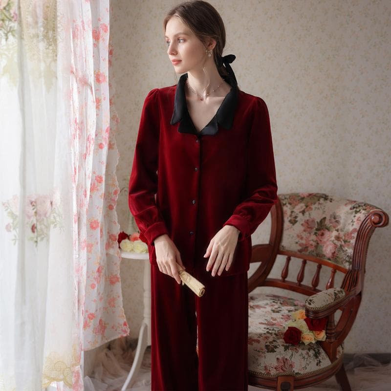 Sexy Lapel Retro Burgundy Bridal Pajamas Autumn and Winter New Velvet Pajamas Set Home Clothes Loose Casual Home Clothes XL