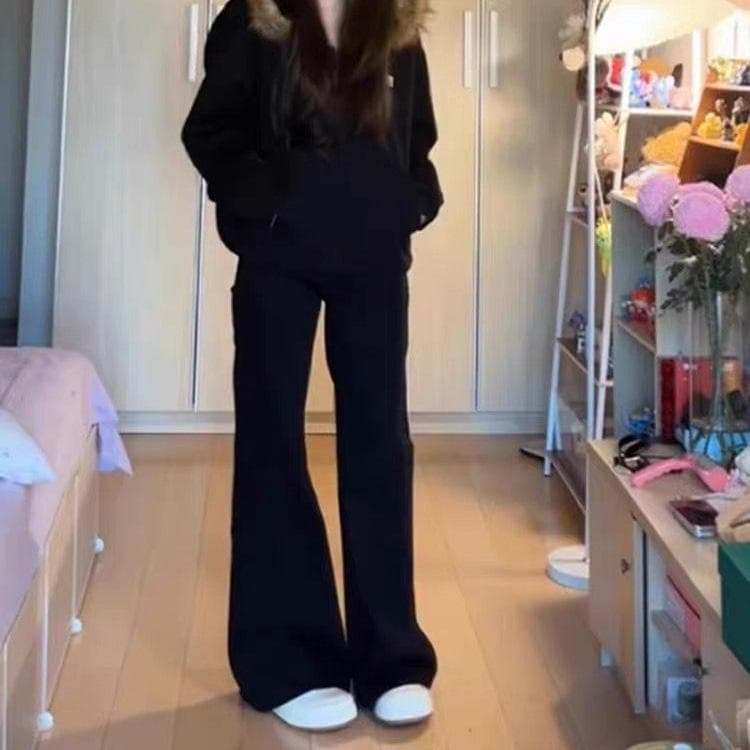 Retro Black Flare Jeans for Women In Winter Plus Velvet Low Waist Slim Pear-shaped Body Horseshoe Floor Mopping Pants XL