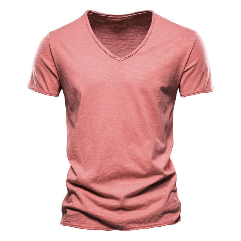 AIOPESON Summer 100% Cotton Elasticity T Shirt Men Casual Soft Fitness Shirt Men T Shirt Tops Tee Shirts V-Neck Short Sleeve Tshirt Men 2XL red