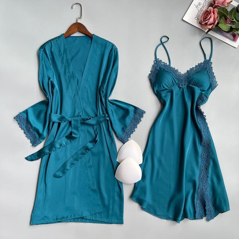 Women's 2PCS Robe Set Nightgown Embroider Lace Wedding Bathrobe Gown Sexy Satin Sleepwear Summer Home Wear Nightdress Lingerie M
