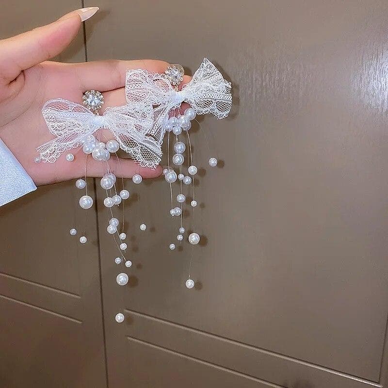 Trend Exaggerated Trendy Crystal Lace Bowknot Long Earrings Female Wedding Korean Jewelry