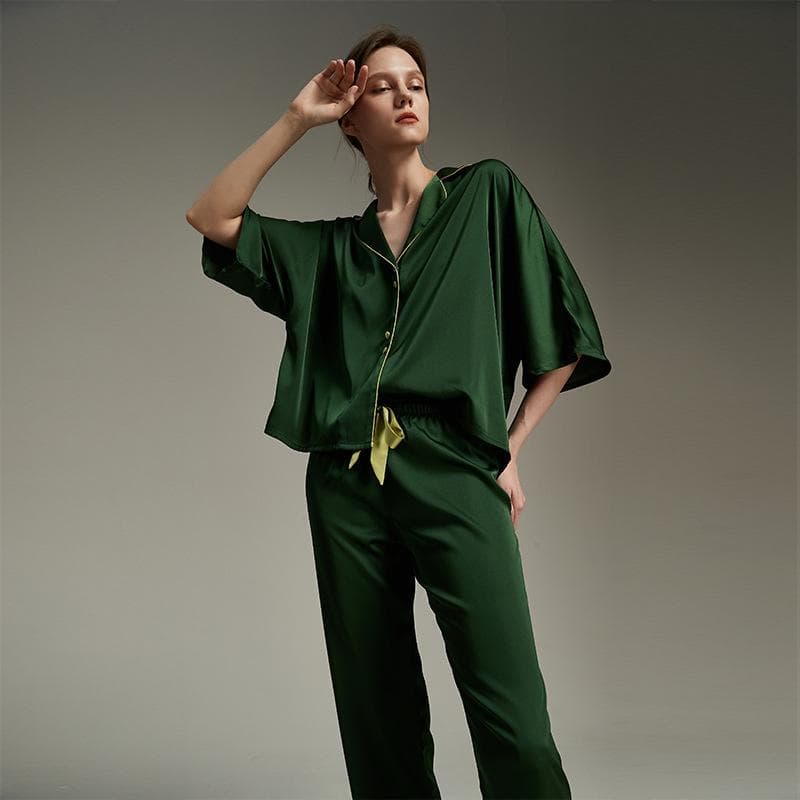 New Ice Silk Comfort Women's Pajamas Satin Summer Thin Crop Sleeves Lapel Can Be Out for Home Pyjamas Suit XL