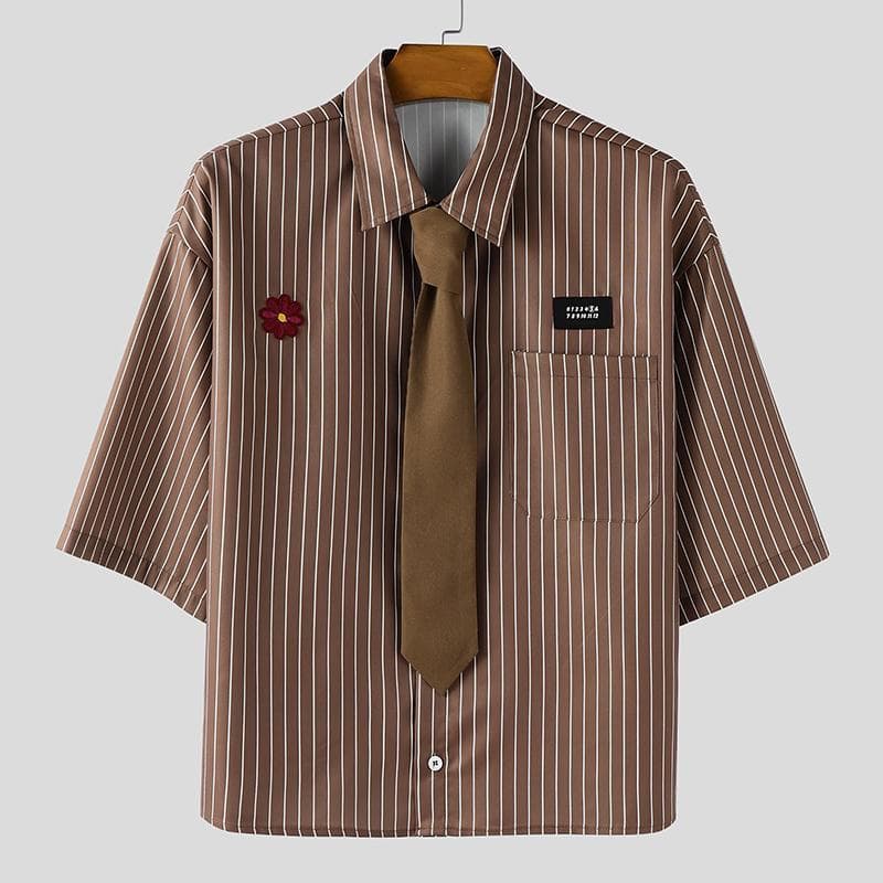 INCERUN Men Summer Tie Up Half Sleeve Striped Loose Casual Shirts Tops 5XL brown