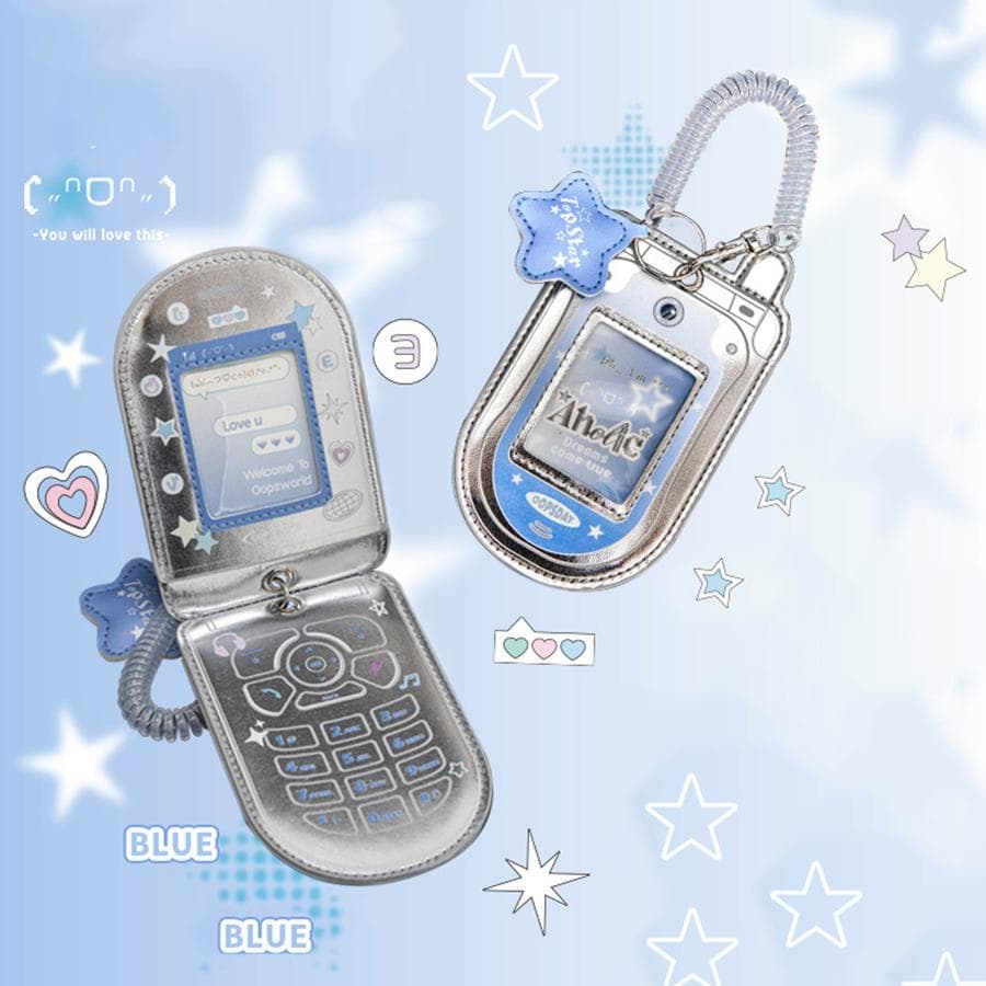 1Pcs Star Cute Kpop Photocard Holder Keychain Mobile Phone Shape Photo Card Holder Keychain Card protective cover blue