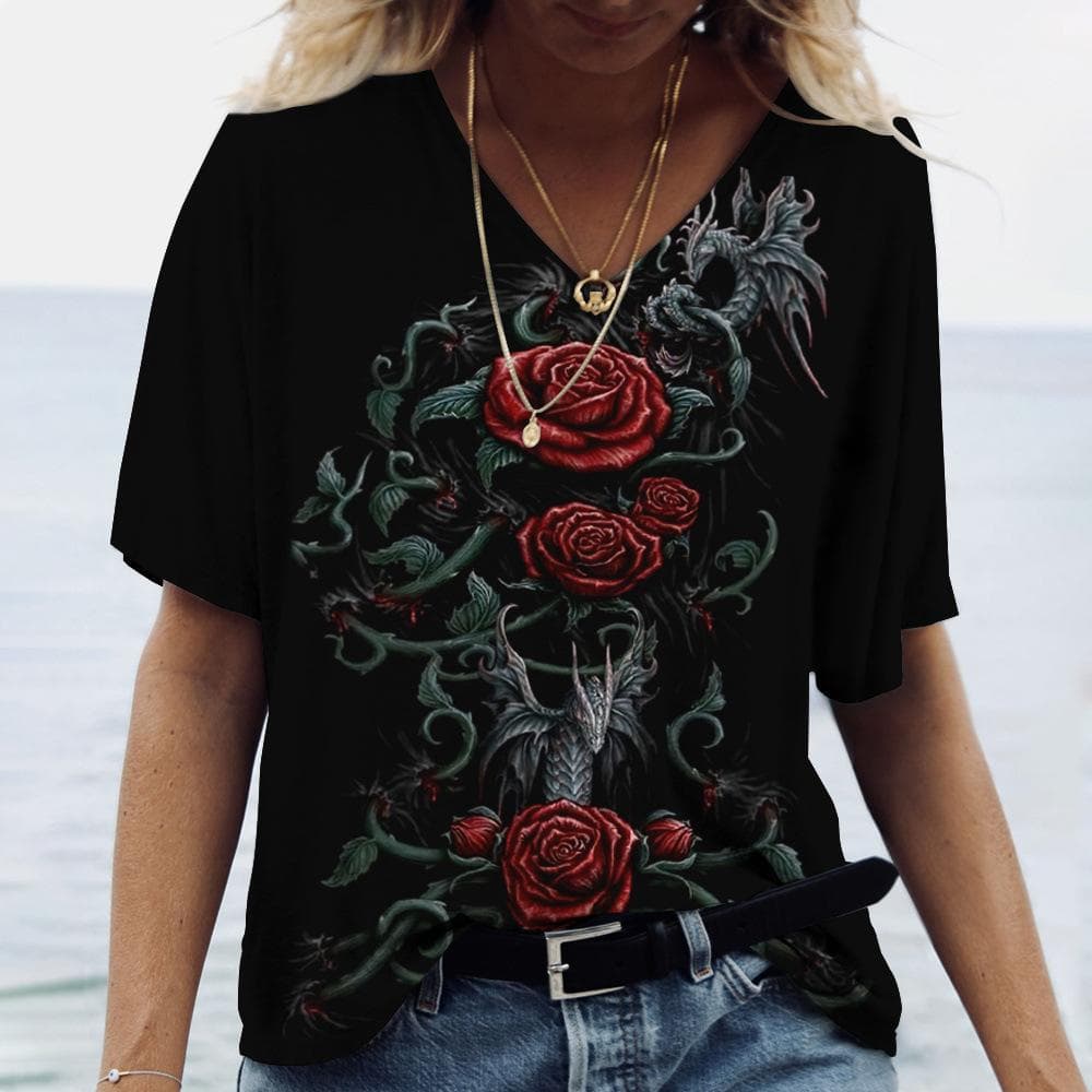 V Neck T Shirts 3D Butterfly Rose Print Women Vintage Loose Short Sleeve Tops Summer Casual Lovers Couples T Shirt M