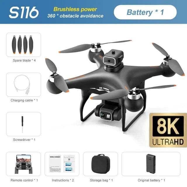 New S116 MAX Drone WIFI FPV ESC HD Camera 360° Obstacle Avoidance Brushless Motor Remote Control Quadcopter Toy Gift for Kids 2 battery black