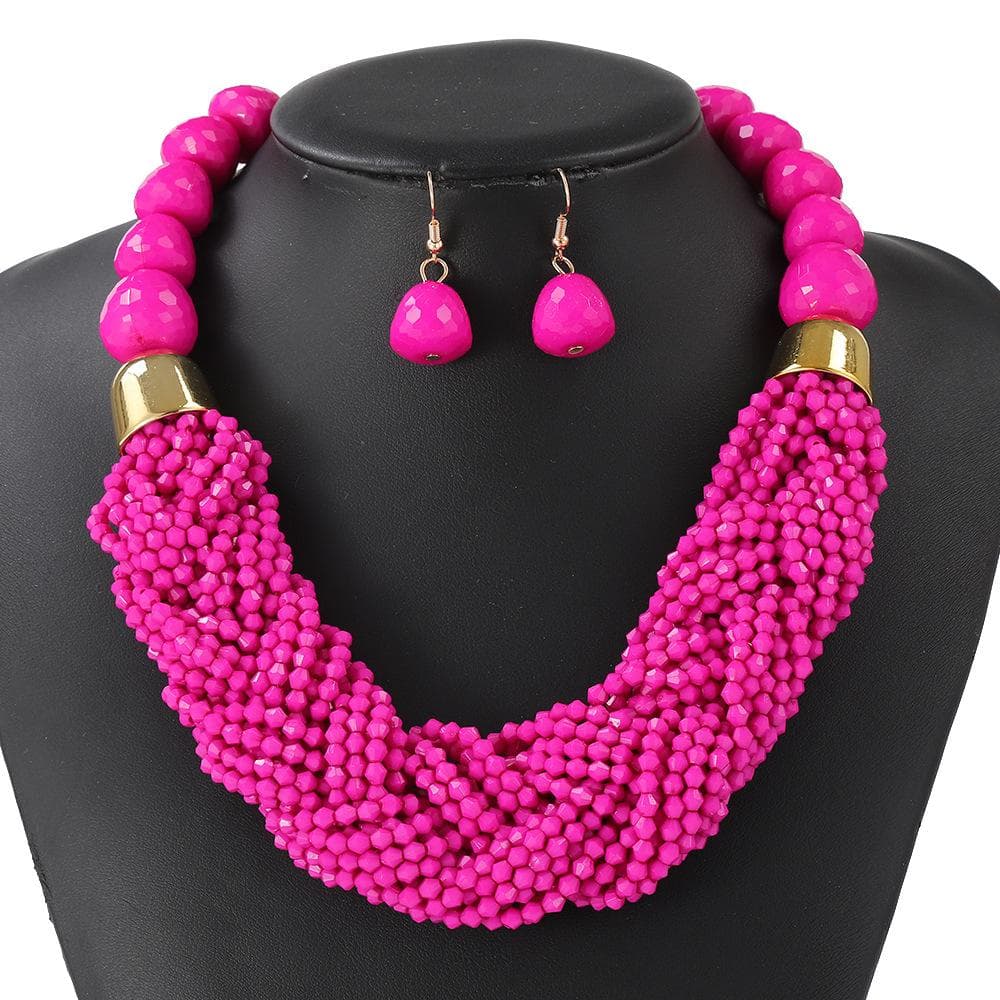 Bohemian Multi-Layer Beaded Necklace Set: Cross Weave & Retro Ethnic Style for Women rose red