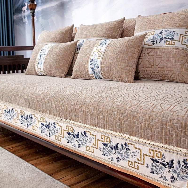 Chinese Non-slip Sofa Cover Beige Solid Wood Sofa Cushion Simple 4 Season Universal Home Decoration Protection Cover Pillowcase 70x70cm 1pcs