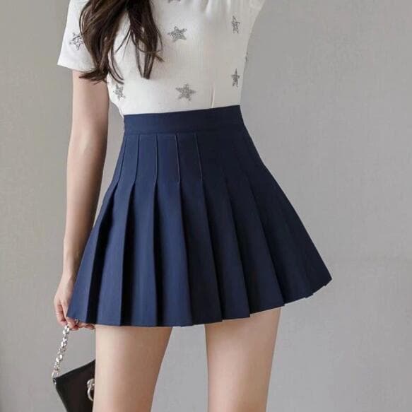 Preppy Style High Waist Solid Pleated Mini Skirt Women Summer Spring Korean Fashion Cute White A-line Skirt M navy blue