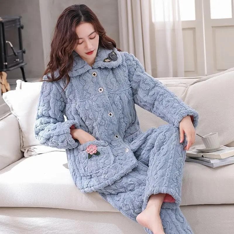 Pyjamas Women's Winter Coral Fleece Cotton Set  New Winter Plus Fat Plus Size Plus Thick Fleece Home Wear Embroidery Pocket M