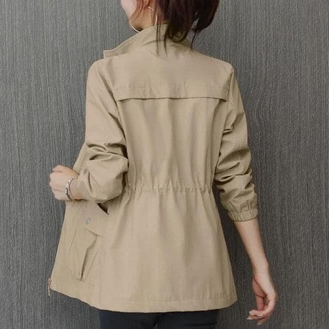 FiveFive Double Layer Lining Windbreaker Women Spring Autumn Short Coat Fashion Plus Size Stand-Up Collar Ladies Jacket Plus Size 3XL XXL khaki